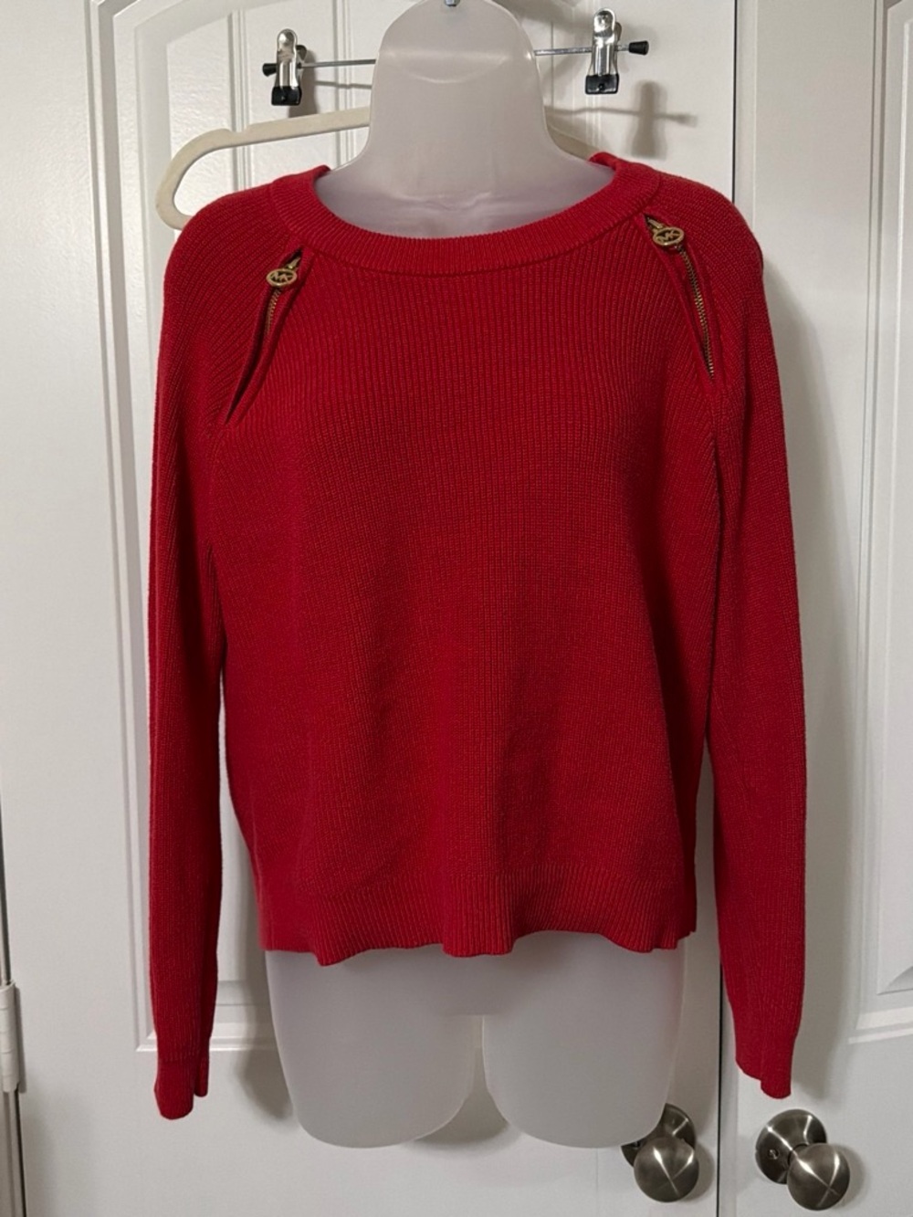 Michael Kors Red Crewneck Sweater with Gold Zip Accents